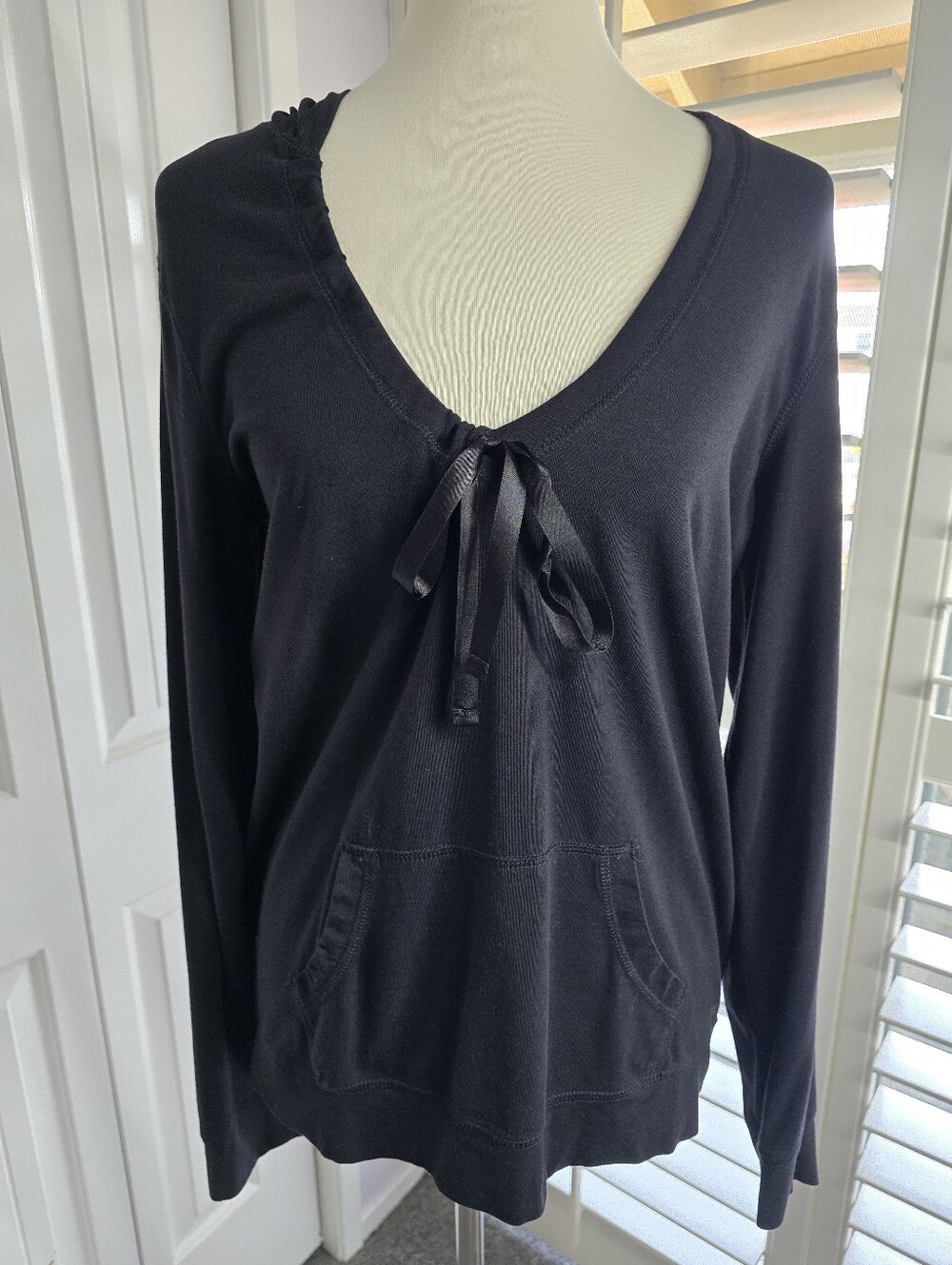 Calvin Klein Black Long-Sleeve V-Neck Hoodie with Ribbon Tie